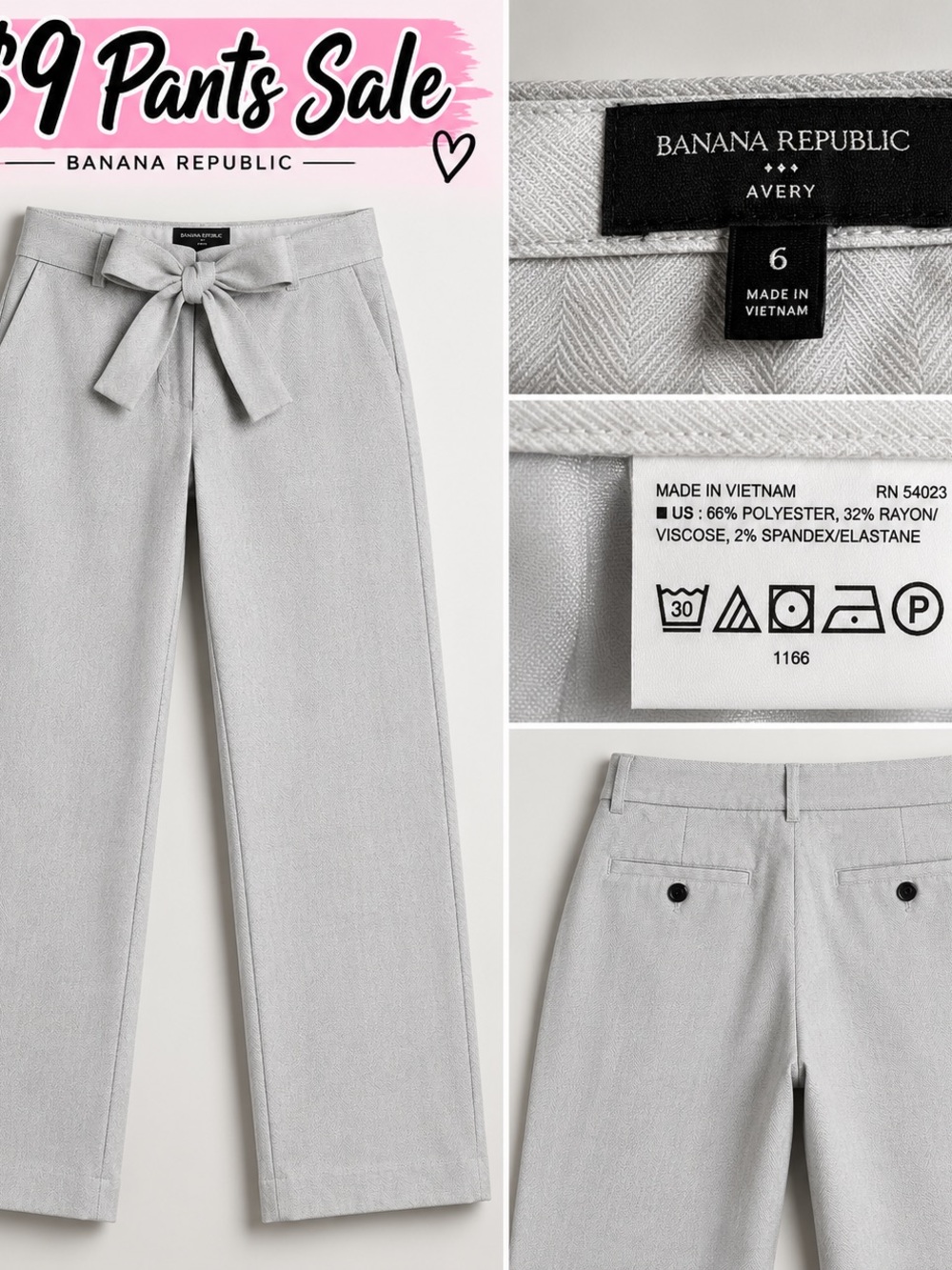 Banana Republic Avery Light Gray Tie-Waist Straight Leg Pants